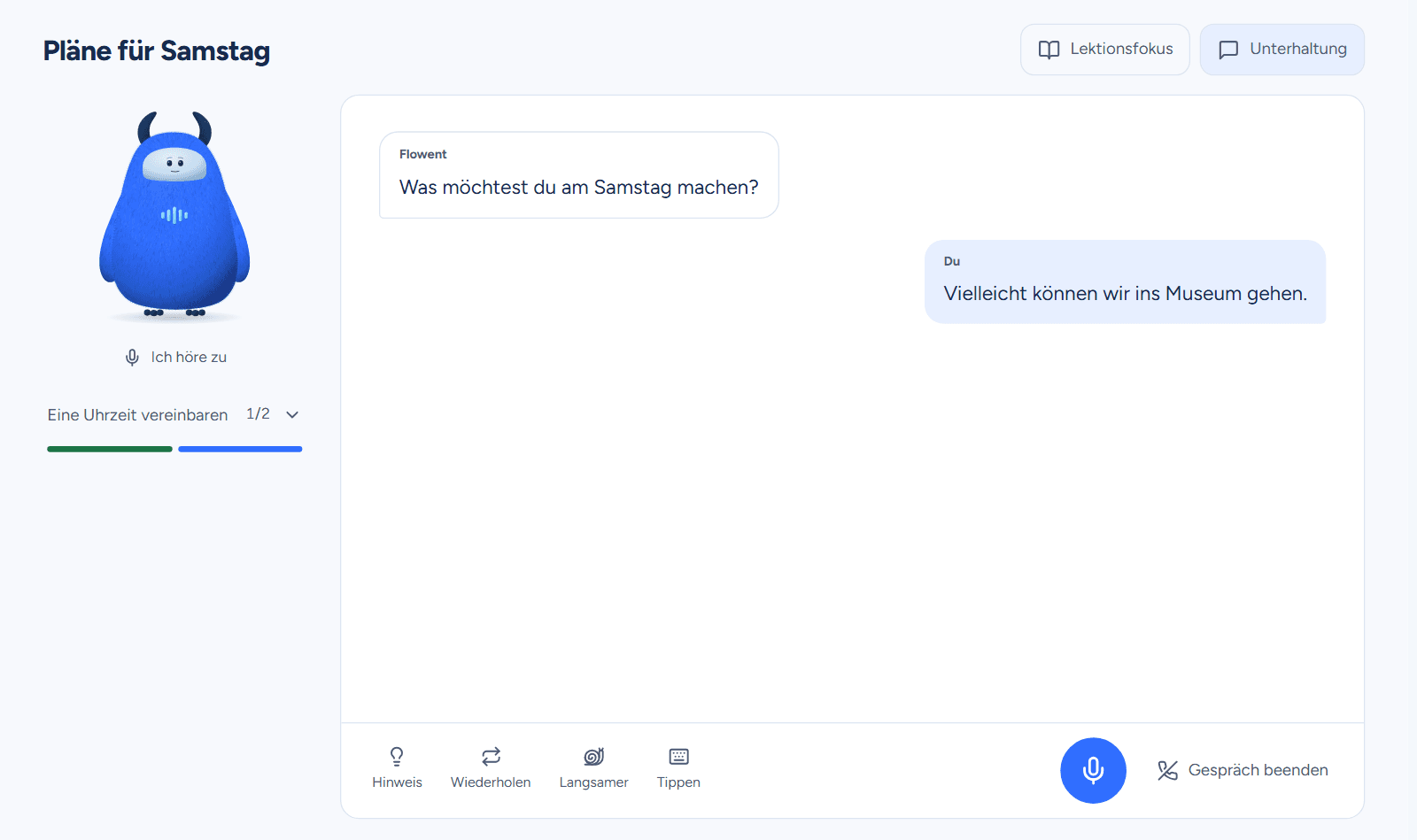 Illustrative Flowent speaking screen with the blue companion, a German conversation, and visible lesson tasks